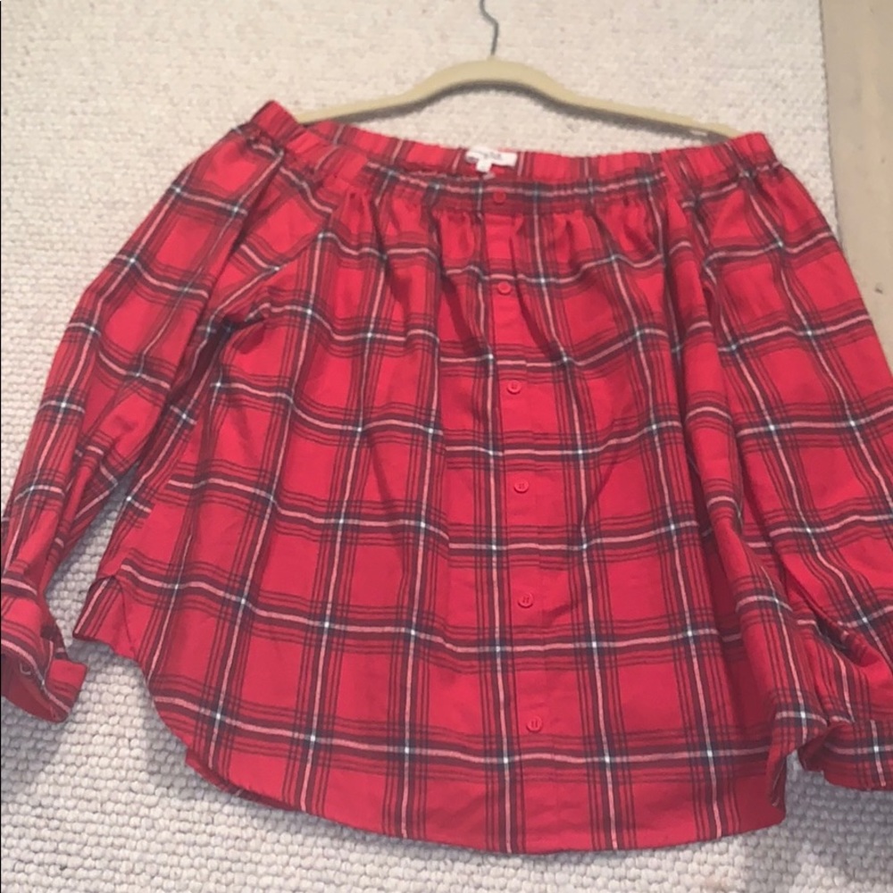 trendy plaid off the shoulder button up